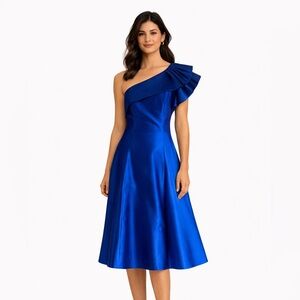 Adrianna Papell sz 8 royal blue satiny one shoulder formal midi dress